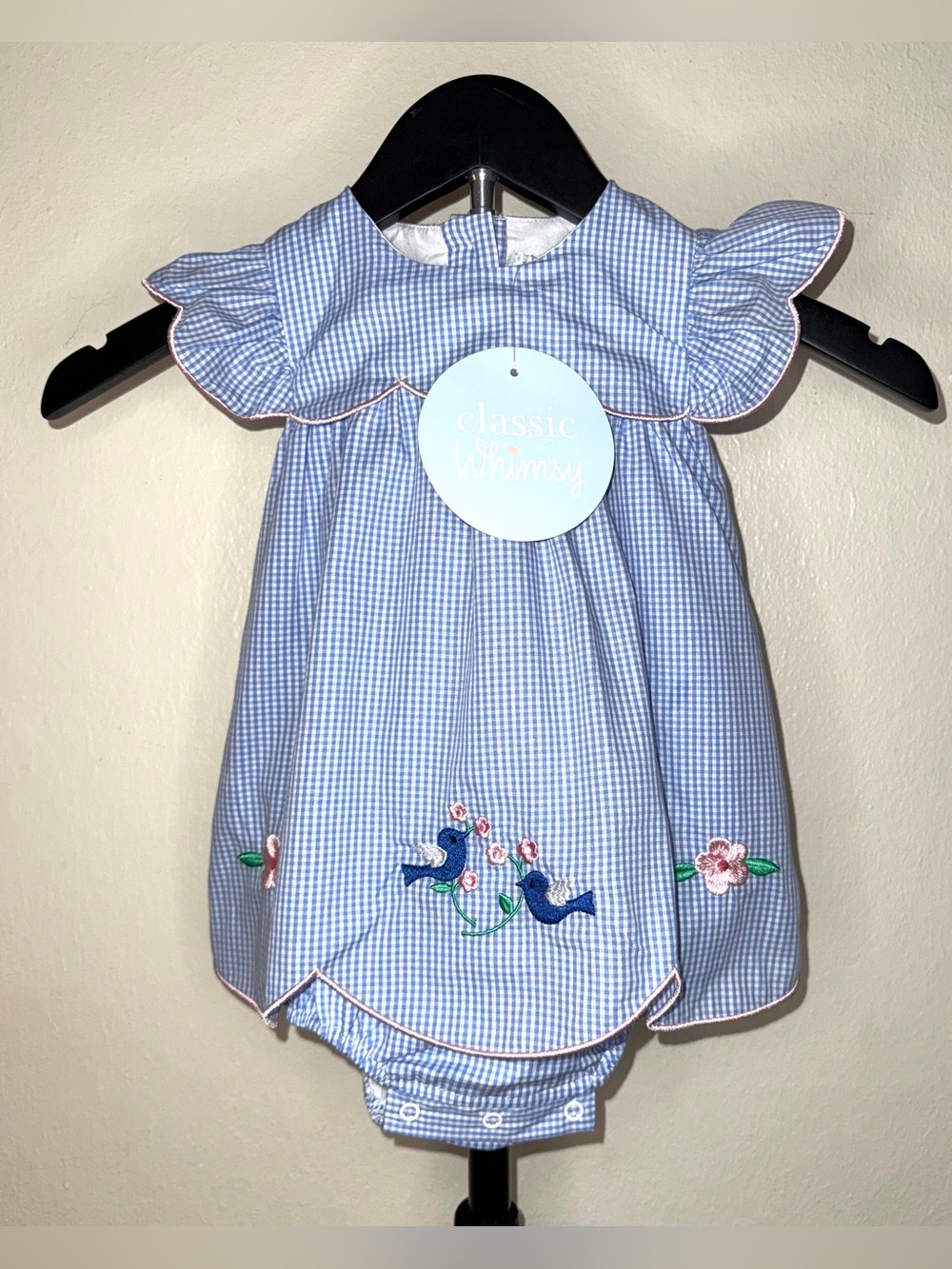 Classic Whimsy Sweet Bird Embroidered Blue Gingham Amelia Skirt Bubble, 18m NWT